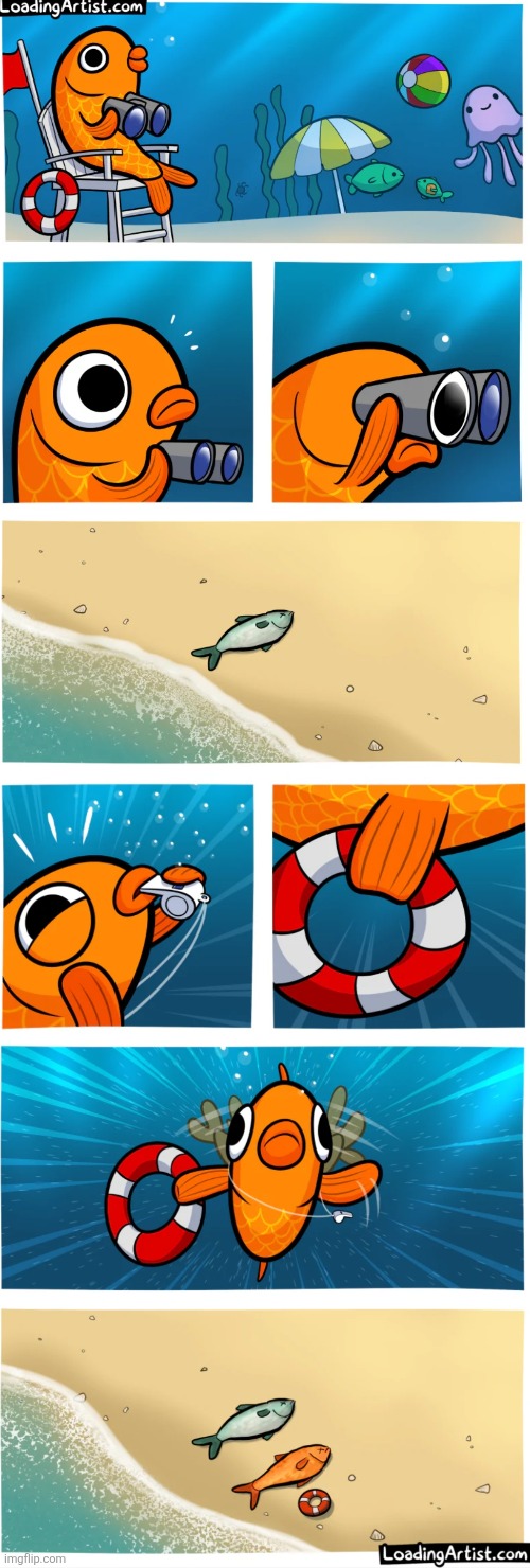 image tagged in comics,loadingartist,fish,lifeguard,land,fail | made w/ Imgflip meme maker