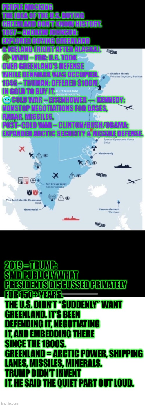 People mocking the idea of the U.S. buying Greenland don’t know history | PEOPLE MOCKING THE IDEA OF THE U.S. BUYING GREENLAND DON’T KNOW HISTORY.
1867 – ANDREW JOHNSON: EXPLORED BUYING GREENLAND & ICELAND (RIGHT AFTER ALASKA).
🪖WWII – FDR: U.S. TOOK OVER GREENLAND’S DEFENSE WHILE DENMARK WAS OCCUPIED.
1946 – TRUMAN: OFFERED $100M IN GOLD TO BUY IT.
🥶COLD WAR – EISENHOWER → KENNEDY: NONSTOP NEGOTIATIONS FOR BASES, RADAR, MISSILES.
POST–COLD WAR – CLINTON/BUSH/OBAMA: EXPANDED ARCTIC SECURITY & MISSILE DEFENSE. 2019 – TRUMP: SAID PUBLICLY WHAT PRESIDENTS DISCUSSED PRIVATELY FOR 150+ YEARS.
THE U.S. DIDN’T “SUDDENLY” WANT GREENLAND. IT’S BEEN DEFENDING IT, NEGOTIATING IT, AND EMBEDDING THERE SINCE THE 1800S.
GREENLAND = ARCTIC POWER, SHIPPING LANES, MISSILES, MINERALS.
TRUMP DIDN’T INVENT IT. HE SAID THE QUIET PART OUT LOUD. | image tagged in greenland,trump,us history,european union,denmark | made w/ Imgflip meme maker