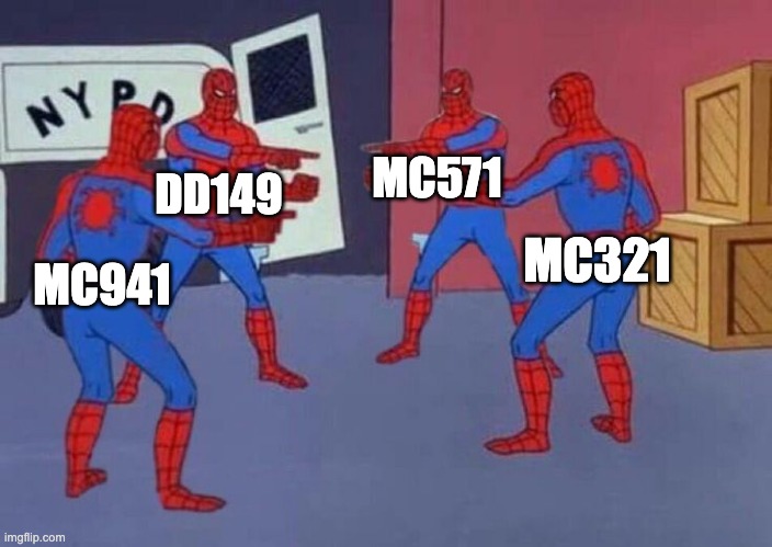 4 Spiderman pointing at each other | MC941 DD149 MC571 MC321 | image tagged in 4 spiderman pointing at each other | made w/ Imgflip meme maker