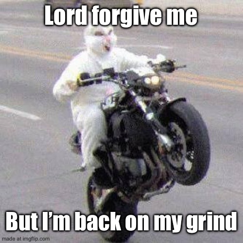 Funny bunny motorcycle wheelie | Lord forgive me; But I’m back on my grind | image tagged in funny bunny motorcycle wheelie | made w/ Imgflip meme maker