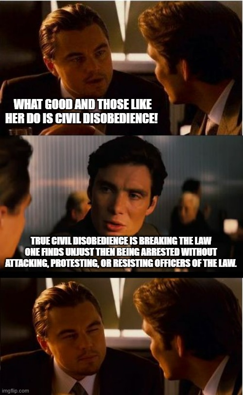 If anyone thinks what Good and others are doing is 'civil disobedience' then guess again. | WHAT GOOD AND THOSE LIKE HER DO IS CIVIL DISOBEDIENCE! TRUE CIVIL DISOBEDIENCE IS BREAKING THE LAW ONE FINDS UNJUST THEN BEING ARRESTED WITHOUT ATTACKING, PROTESTING, OR RESISTING OFFICERS OF THE LAW. | image tagged in memes,inception,politics,political meme,meme | made w/ Imgflip meme maker