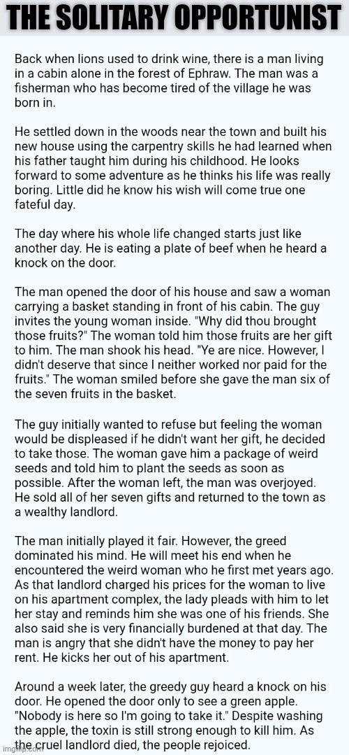 THE SOLITARY OPPORTUNIST | image tagged in memes,short,fiction | made w/ Imgflip meme maker