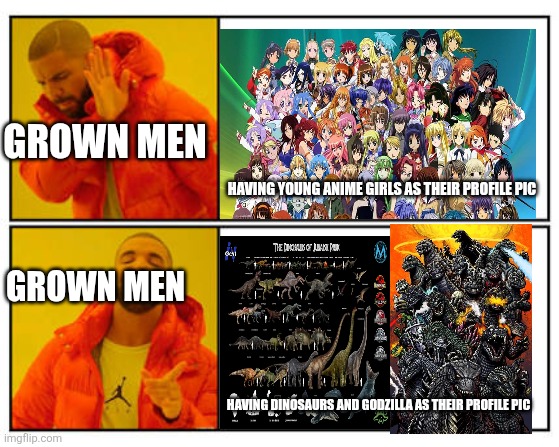 No - Yes | GROWN MEN; HAVING YOUNG ANIME GIRLS AS THEIR PROFILE PIC; GROWN MEN; HAVING DINOSAURS AND GODZILLA AS THEIR PROFILE PIC | image tagged in no - yes | made w/ Imgflip meme maker