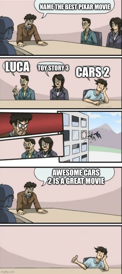 Cars 2 is the best movie from cars | NAME THE BEST PIXAR MOVIE; LUCA; CARS 2; TOY STORY 3; AWESOME CARS 2 IS A GREAT MOVIE | image tagged in boardroom meeting sugg 2 | made w/ Imgflip meme maker