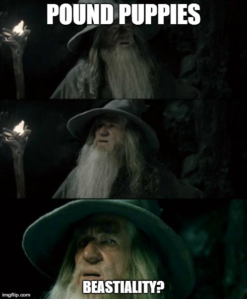 Confused Gandalf Meme | POUND PUPPIES BEASTIALITY? | image tagged in memes,confused gandalf | made w/ Imgflip meme maker