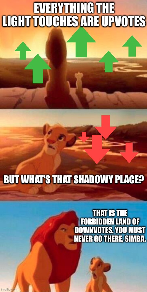 The forbidden land of downvotes | EVERYTHING THE LIGHT TOUCHES ARE UPVOTES; BUT WHAT’S THAT SHADOWY PLACE? THAT IS THE FORBIDDEN LAND OF DOWNVOTES. YOU MUST NEVER GO THERE, SIMBA. | image tagged in lion king | made w/ Imgflip meme maker