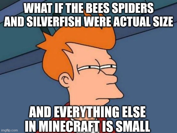 Futurama Fry Meme | WHAT IF THE BEES SPIDERS AND SILVERFISH WERE ACTUAL SIZE; AND EVERYTHING ELSE IN MINECRAFT IS SMALL | image tagged in memes,futurama fry,funny meme,meme,minecraft,minecraft memes | made w/ Imgflip meme maker