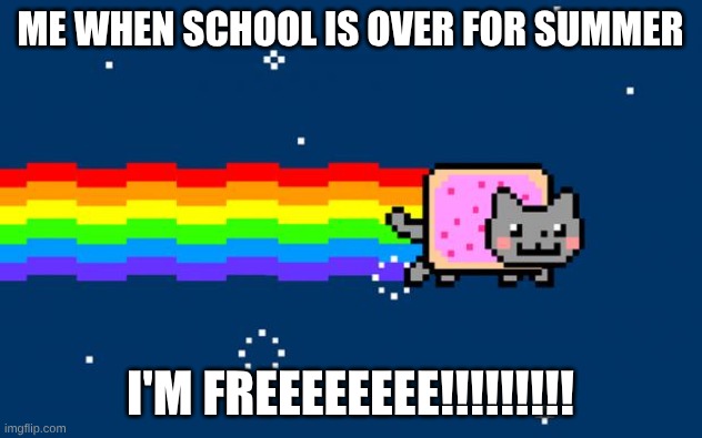 FREEDOM!!!!!!!!!!!!!!!!!!!!! | ME WHEN SCHOOL IS OVER FOR SUMMER; I'M FREEEEEEEE!!!!!!!!! | image tagged in nyan cat,freedom | made w/ Imgflip meme maker