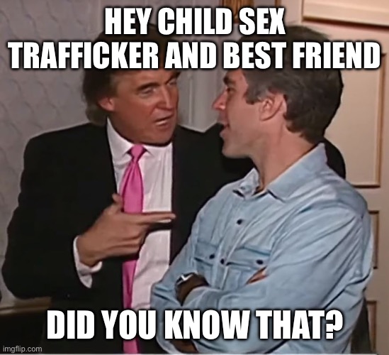 trump epstein party | HEY CHILD SEX TRAFFICKER AND BEST FRIEND DID YOU KNOW THAT? | image tagged in trump epstein party | made w/ Imgflip meme maker