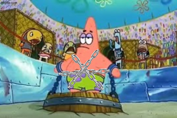 How will he escape? | image tagged in patrick star chained to a barrel | made w/ Imgflip meme maker