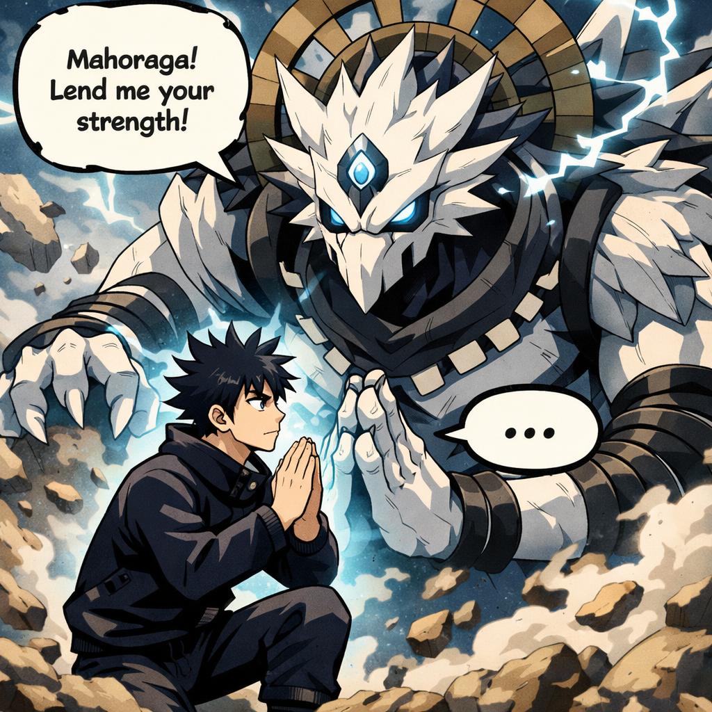 Megumi asking mahoraga for strength Blank Meme Template