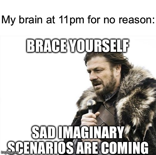 Happens so often I swear :( | My brain at 11pm for no reason:; BRACE YOURSELF; SAD IMAGINARY SCENARIOS ARE COMING | image tagged in memes,brace yourselves x is coming,funny | made w/ Imgflip meme maker
