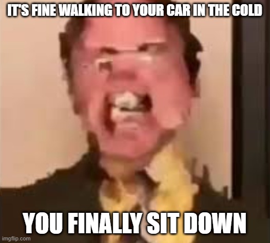Dwight Screaming | IT'S FINE WALKING TO YOUR CAR IN THE COLD; YOU FINALLY SIT DOWN | image tagged in dwight screaming | made w/ Imgflip meme maker
