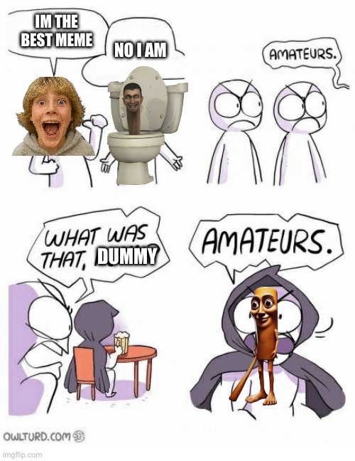 Amateurs | IM THE BEST MEME; NO I AM; DUMMY | image tagged in amateurs | made w/ Imgflip meme maker