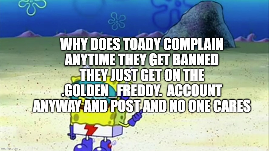 Make no sense | WHY DOES TOADY COMPLAIN ANYTIME THEY GET BANNED THEY JUST GET ON THE .GOLDEN_FREDDY.  ACCOUNT ANYWAY AND POST AND NO ONE CARES | image tagged in spongebob wanna see me do it again | made w/ Imgflip meme maker