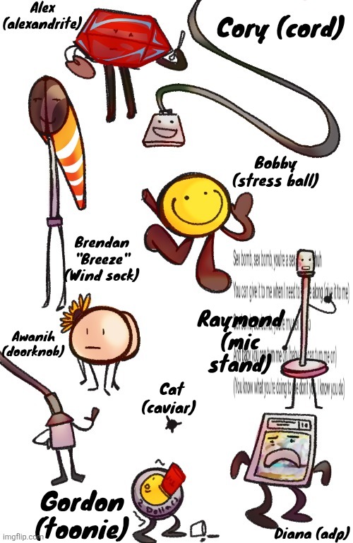 Here's some of my object show ocs | Bobby (stress ball); Brendan "Breeze" (Wind sock); Raymond (mic stand); Awanih (doorknob); Cat (caviar); Gordon (toonie); Diana (adp) | made w/ Imgflip meme maker