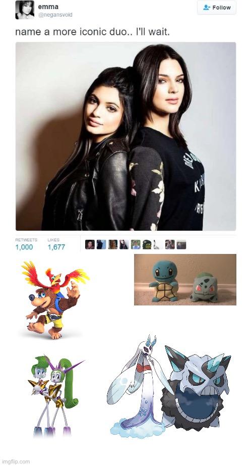 Banjo-Kazooie, Pokémon Talk, Velvet and Veneer, Mega Glalie and Mega Froslass, and more. | image tagged in name a more iconic duo,pokemon,mandjtv,banjo kazooie,trolls memes | made w/ Imgflip meme maker