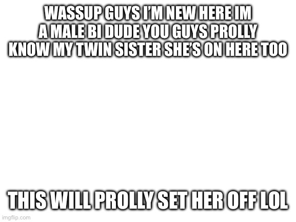 Hey | WASSUP GUYS I’M NEW HERE IM A MALE BI DUDE YOU GUYS PROLLY KNOW MY TWIN SISTER SHE’S ON HERE TOO; THIS WILL PROLLY SET HER OFF LOL | image tagged in blank white template | made w/ Imgflip meme maker