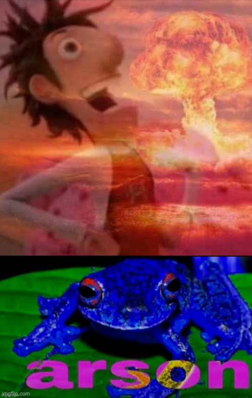 image tagged in flint lockwood laugh,arson frog | made w/ Imgflip meme maker