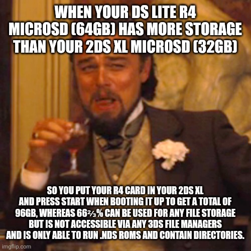 Laughing Leo Meme | WHEN YOUR DS LITE R4 MICROSD (64GB) HAS MORE STORAGE THAN YOUR 2DS XL MICROSD (32GB); SO YOU PUT YOUR R4 CARD IN YOUR 2DS XL AND PRESS START WHEN BOOTING IT UP TO GET A TOTAL OF 96GB, WHEREAS 66⅔% CAN BE USED FOR ANY FILE STORAGE BUT IS NOT ACCESSIBLE VIA ANY 3DS FILE MANAGERS AND IS ONLY ABLE TO RUN .NDS ROMS AND CONTAIN DIRECTORIES. | image tagged in memes,laughing leo | made w/ Imgflip meme maker