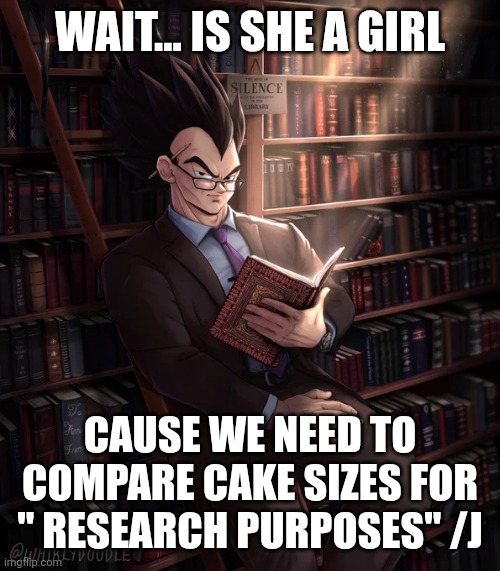 Librarian Vegeta | WAIT... IS SHE A GIRL CAUSE WE NEED TO COMPARE CAKE SIZES FOR " RESEARCH PURPOSES" /J | image tagged in librarian vegeta | made w/ Imgflip meme maker