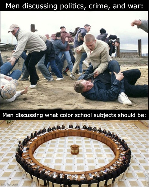 Science is green | Men discussing politics, crime, and war:; Men discussing what color school subjects should be: | image tagged in men discussing porn,msmg,true,funny,school | made w/ Imgflip meme maker