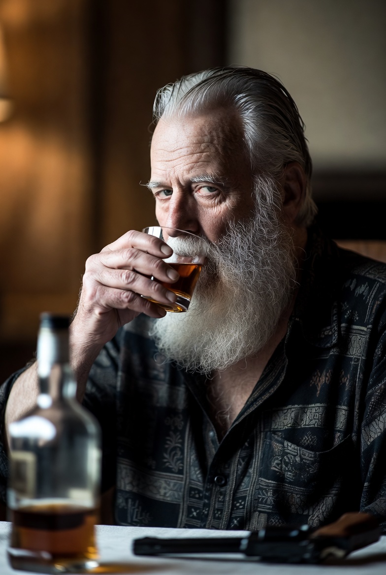 Old man drinking pistol liquor suicide alcoholism Blank Meme Template