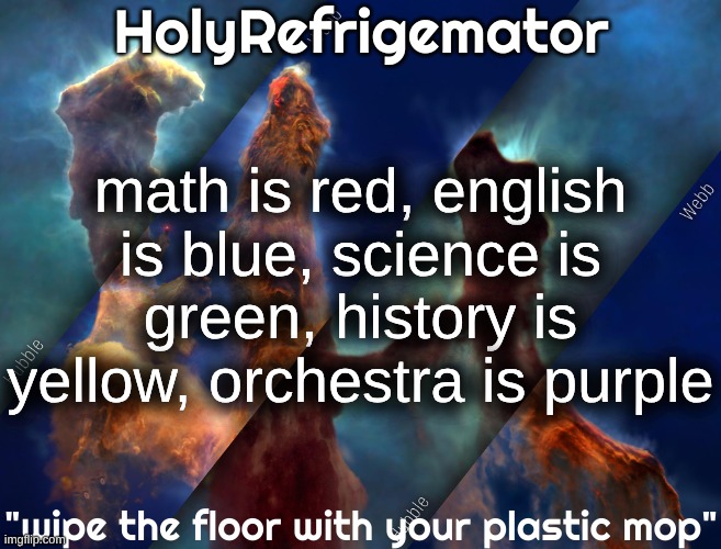 HolyRefrigemator temp | math is red, english is blue, science is green, history is yellow, orchestra is purple | image tagged in holyrefrigemator temp | made w/ Imgflip meme maker