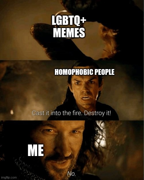 Cast it in the fire | LGBTQ+ MEMES; HOMOPHOBIC PEOPLE; ME | image tagged in cast it in the fire | made w/ Imgflip meme maker