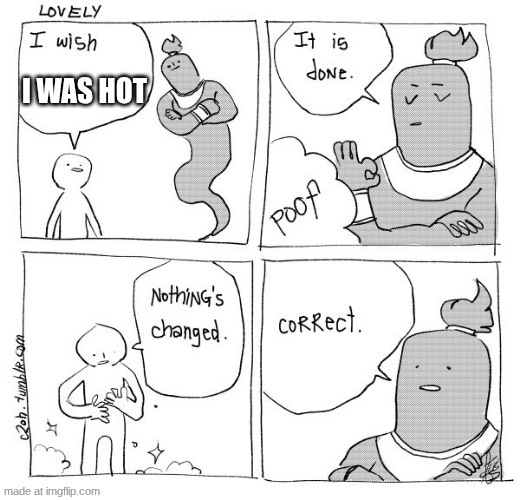 me when I lie: | I WAS HOT | image tagged in i wish genie nothing's changed | made w/ Imgflip meme maker