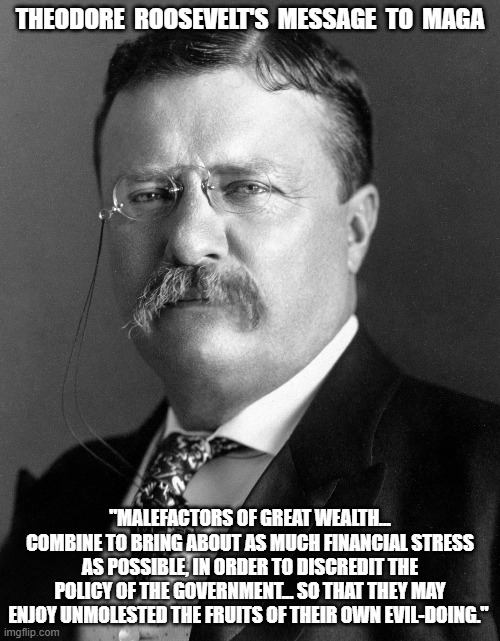 Malefactors of America Great Again | THEODORE  ROOSEVELT'S  MESSAGE  TO  MAGA; "MALEFACTORS OF GREAT WEALTH... COMBINE TO BRING ABOUT AS MUCH FINANCIAL STRESS AS POSSIBLE, IN ORDER TO DISCREDIT THE POLICY OF THE GOVERNMENT... SO THAT THEY MAY ENJOY UNMOLESTED THE FRUITS OF THEIR OWN EVIL-DOING." | made w/ Imgflip meme maker