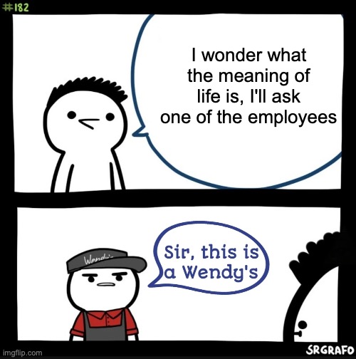 what is the meaning of life? | I wonder what the meaning of life is, I'll ask one of the employees | image tagged in sir this is a wendys | made w/ Imgflip meme maker