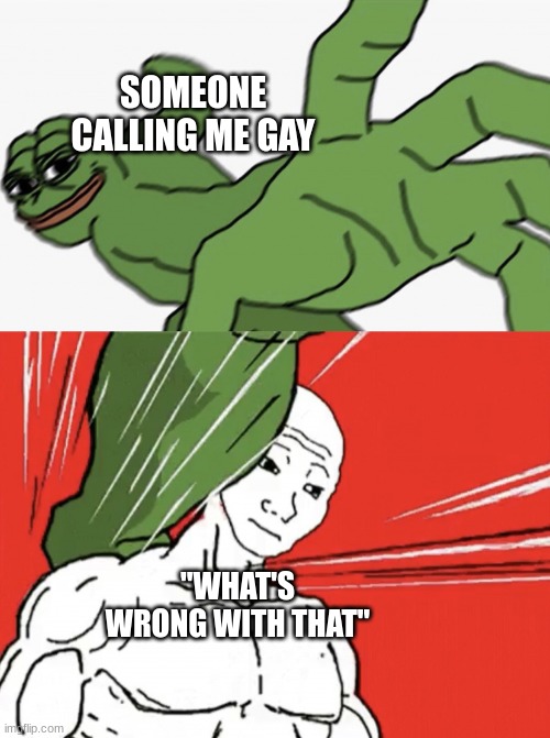 Pepe punch vs. Dodging Wojak | SOMEONE CALLING ME GAY; "WHAT'S WRONG WITH THAT" | image tagged in pepe punch vs dodging wojak | made w/ Imgflip meme maker