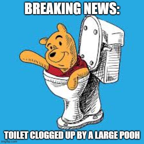 Breaking News: Toilet was clogged up by a large pooh !! | BREAKING NEWS:; TOILET CLOGGED UP BY A LARGE POOH | image tagged in funny,humor,winnie the pooh,toilet,play on words,potty humor | made w/ Imgflip meme maker