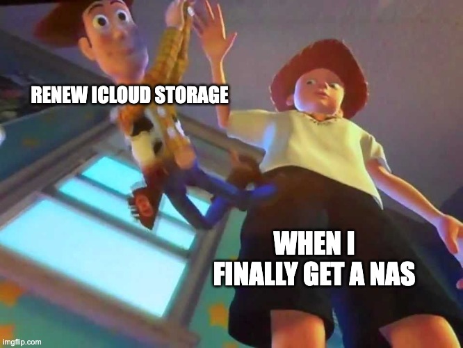 ANDY DROPPING WOODY | RENEW ICLOUD STORAGE; WHEN I FINALLY GET A NAS | image tagged in andy dropping woody | made w/ Imgflip meme maker