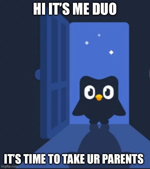 Duolingo bird | HI IT’S ME DUO; IT’S TIME TO TAKE UR PARENTS | image tagged in duolingo bird | made w/ Imgflip meme maker