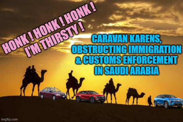 CARAVAN KARENS caucasian feminazi social justice/ obstructing Laws being enforced With Weaponizing Automobiles. | CARAVAN KARENS,
OBSTRUCTING IMMIGRATION
& CUSTOMS ENFORCEMENT
IN SAUDI ARABIA; HONK ! HONK ! HONK !
I'M THIRSTY ! | image tagged in camel caravan,karens,group projects,group chats,everybody gangsta until,cultural marxism | made w/ Imgflip meme maker