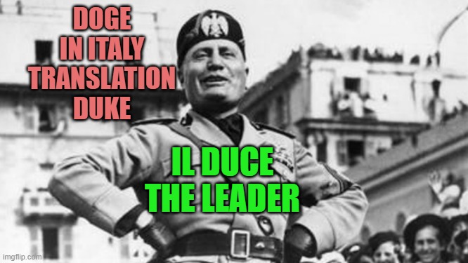 mussolini | DOGE
IN ITALY
TRANSLATION
DUKE IL DUCE
THE LEADER | image tagged in mussolini | made w/ Imgflip meme maker