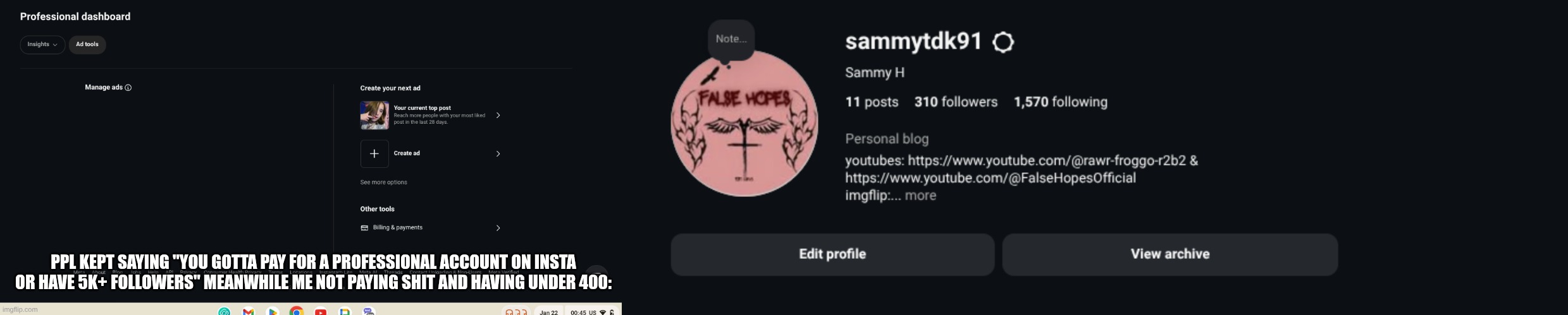 PPL KEPT SAYING "YOU GOTTA PAY FOR A PROFESSIONAL ACCOUNT ON INSTA OR HAVE 5K+ FOLLOWERS" MEANWHILE ME NOT PAYING SHIT AND HAVING UNDER 400: | made w/ Imgflip meme maker