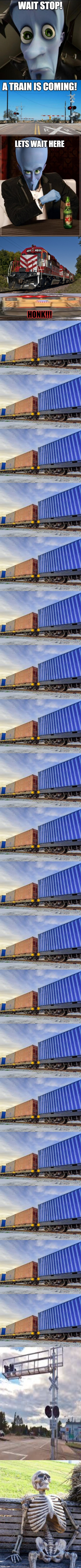 STOP QUICK!!! | WAIT STOP! A TRAIN IS COMING! LETS WAIT HERE; HONK!!! | image tagged in sad megamind,the most interesting megamind in the world,freight train,memes,waiting skeleton,troll | made w/ Imgflip meme maker