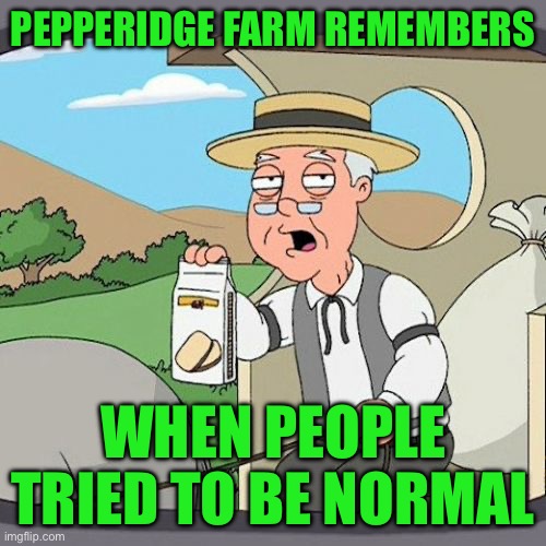 Pepperidge Farm Remembers | PEPPERIDGE FARM REMEMBERS; WHEN PEOPLE TRIED TO BE NORMAL | image tagged in memes,pepperidge farm remembers | made w/ Imgflip meme maker