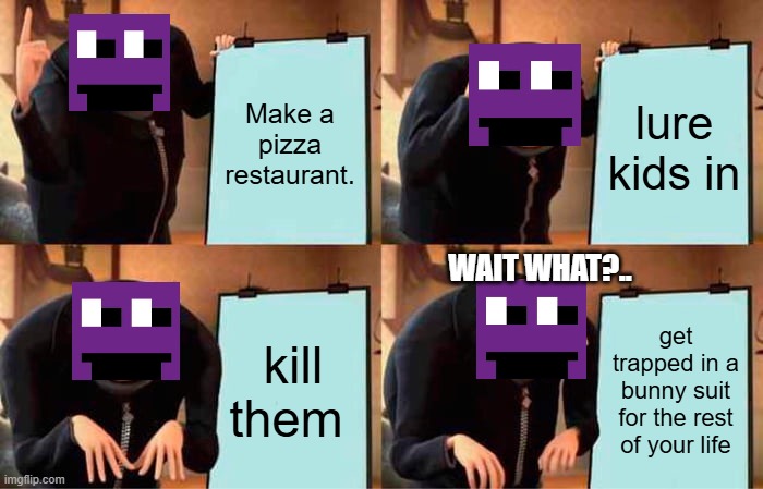 Gru's Plan Meme | Make a pizza restaurant. lure kids in; WAIT WHAT?.. kill them; get trapped in a bunny suit for the rest of your life | image tagged in memes,gru's plan | made w/ Imgflip meme maker