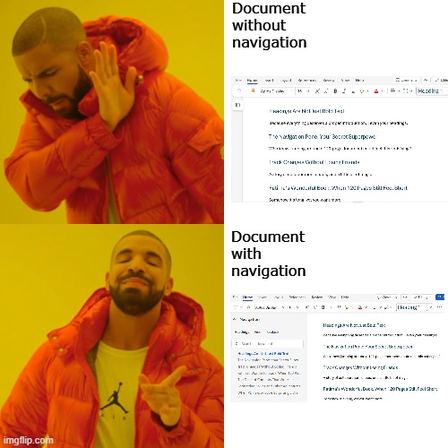 Navigation or no navigation in Word. | Document without navigation; Document with navigation | image tagged in memes,drake hotline bling | made w/ Imgflip meme maker