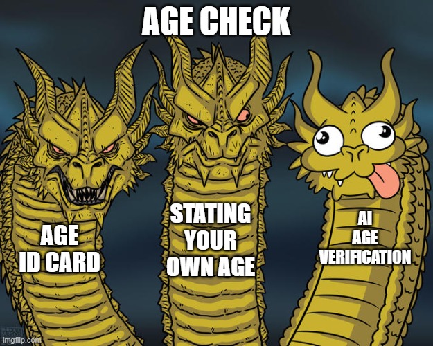 Age ID and Date of Birth are better. | AGE CHECK; STATING YOUR OWN AGE; AI AGE VERIFICATION; AGE ID CARD | image tagged in three-headed dragon | made w/ Imgflip meme maker