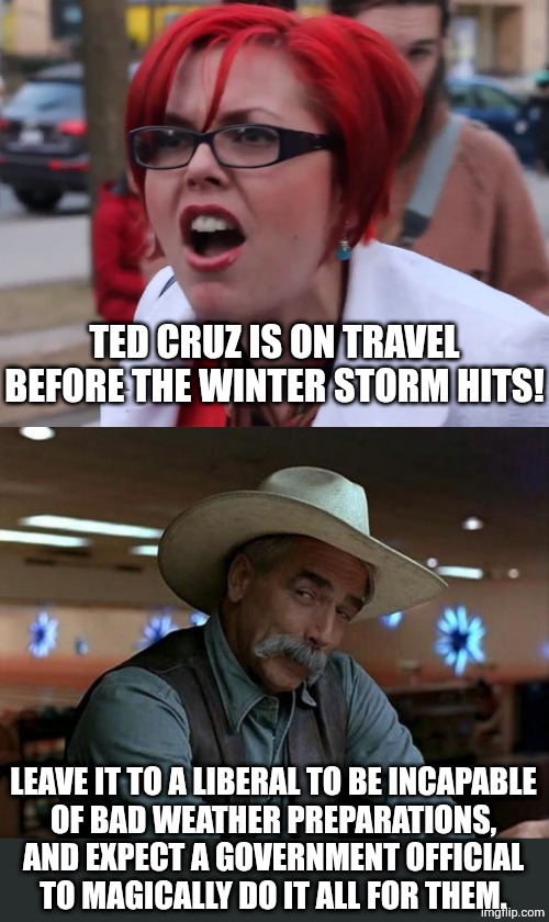 they're used to their senators looking for "snow" | TED CRUZ IS ON TRAVEL BEFORE THE WINTER STORM HITS! LEAVE IT TO A LIBERAL TO BE INCAPABLE
OF BAD WEATHER PREPARATIONS,
AND EXPECT A GOVERNMENT OFFICIAL
TO MAGICALLY DO IT ALL FOR THEM. | image tagged in feminist liberal outrage,special kind of stupid,stupid liberals,political meme | made w/ Imgflip meme maker