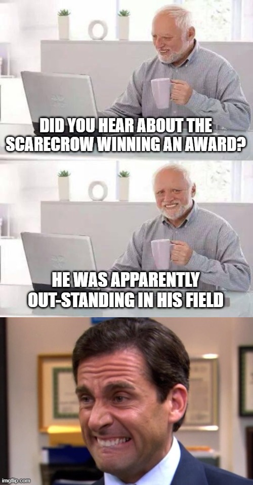 Scarecrow | DID YOU HEAR ABOUT THE SCARECROW WINNING AN AWARD? HE WAS APPARENTLY OUT-STANDING IN HIS FIELD | image tagged in memes,hide the pain harold,cringe | made w/ Imgflip meme maker