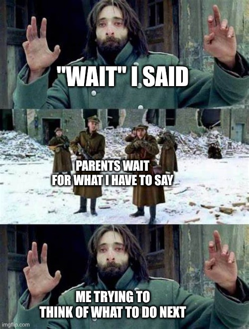 Well s*** | "WAIT" I SAID; PARENTS WAIT FOR WHAT I HAVE TO SAY; ME TRYING TO THINK OF WHAT TO DO NEXT | image tagged in don't shoot | made w/ Imgflip meme maker