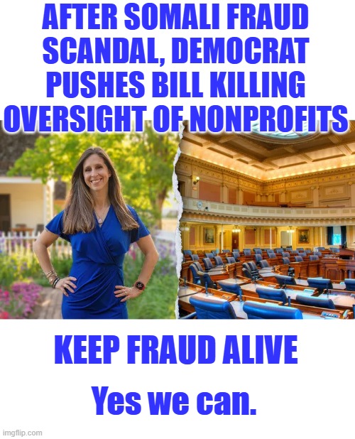Vote DEM 2026 Yes we can | AFTER SOMALI FRAUD SCANDAL, DEMOCRAT PUSHES BILL KILLING OVERSIGHT OF NONPROFITS; KEEP FRAUD ALIVE; Yes we can. | made w/ Imgflip meme maker