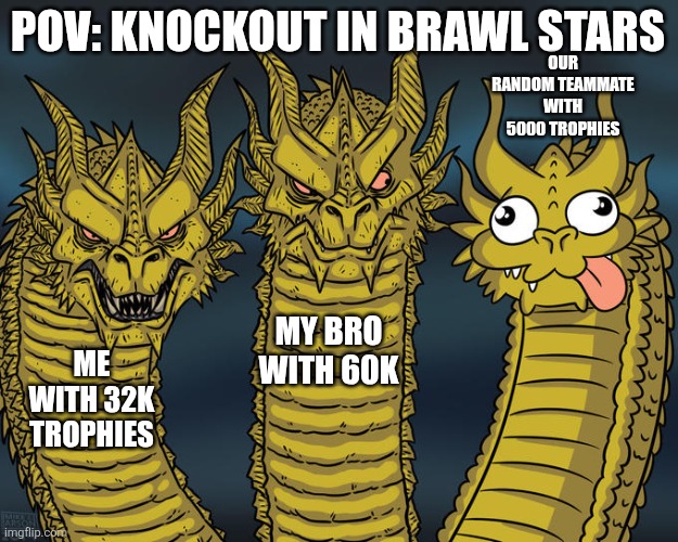 bad teammates | POV: KNOCKOUT IN BRAWL STARS; OUR RANDOM TEAMMATE WITH 5000 TROPHIES; MY BRO WITH 60K; ME WITH 32K TROPHIES | image tagged in three-headed dragon,brawl stars | made w/ Imgflip meme maker