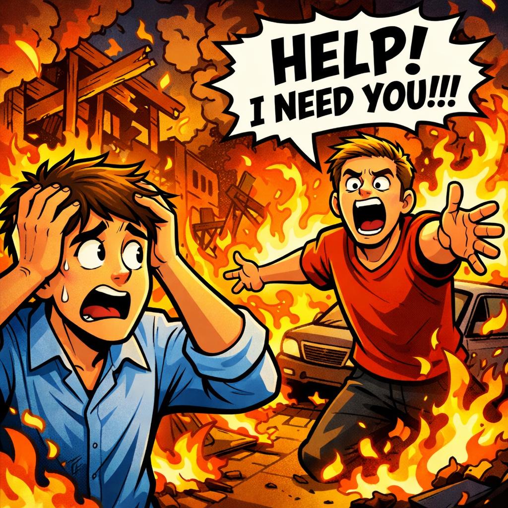 Stressed guy sees guy yelling for his help and everything is bur Blank Meme Template